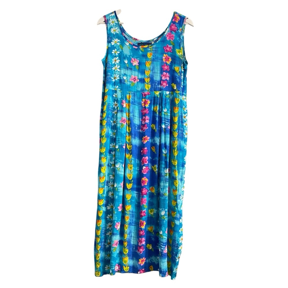 JAMS WORLD WATER DAISY floral Hawaiian midi Tank Dress w/ pockets Blue USA 90s s